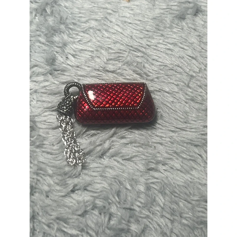Vintage Sterling Silver Red Enamel Purse Brooch Pin Dangle Chain 1.5in